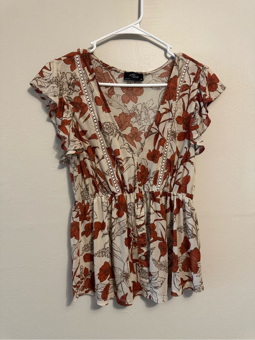Cream Floral V-Neck Blouse with Rust Orange Print